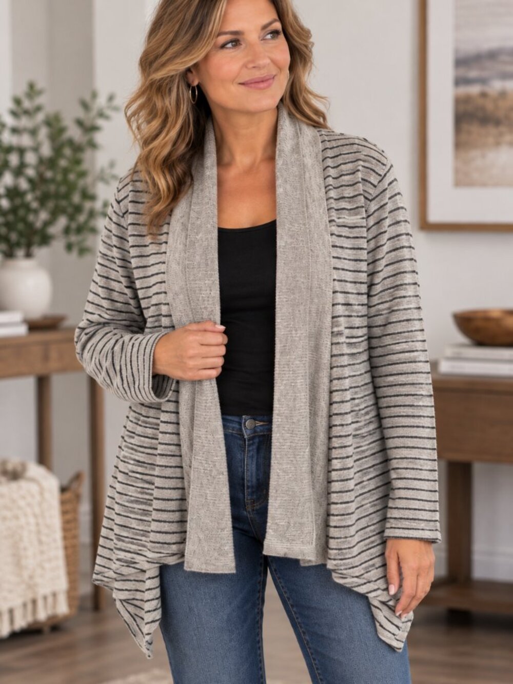Liz Claiborne Weekend L Gray Black Stripe Waterfall Open Front Cardigan Sweater